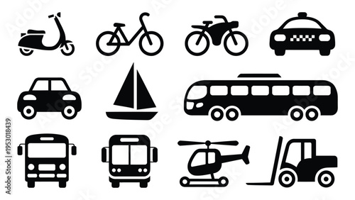 Collection of diverse transportation vehicle icons including a scooter bicycle motorcycle car taxi sailboat bus helicopter and forklift