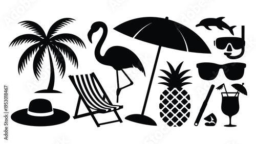 Collection of tropical vacation summer holiday icons featuring a palm tree flamingo deck chair umbrella pineapple and beach accessories