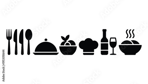 Collection of modern black culinary icons including cutlery food cloche fruit bowl chef hat wine bottle wine glass and hot meal