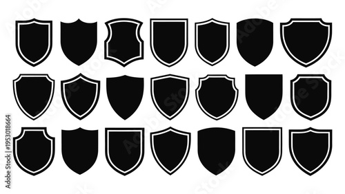 Collection of various black shield shapes isolated on a white background symbolizing protection and security