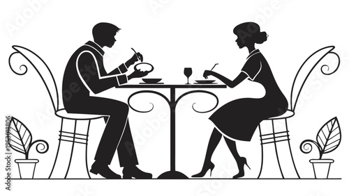 A minimalist vector graphic illustration of a couple dining at a restaurant in a flat, silhouette style