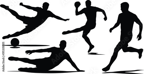 Collection of dynamic athlete silhouettes showcasing various sports actions like kicking jumping and running with energy