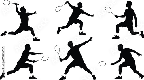 Dynamic silhouettes of six male badminton players in various active poses during a competitive match