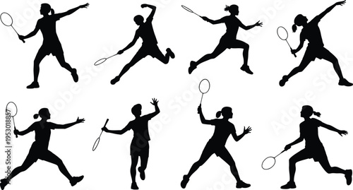 Collection of diverse black silhouette figures of women playing badminton in various dynamic poses and actions isolated on a white background