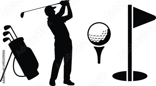 Silhouette of a golfer in motion swinging a club near a golf bag and ball on a tee next to a flag