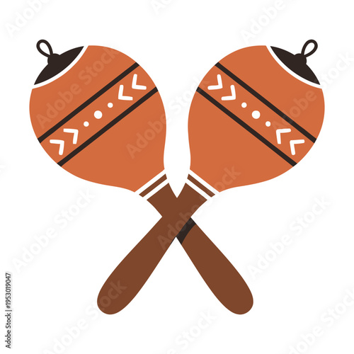Vector illustration of two crossed maracas with geometric ethnic patterns. Musical percussion instrument icon for Latin American culture themes.