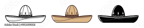 Set of traditional Mexican sombrero hat icons in three styles: line art, colored, and silhouette. Great for Cinco de Mayo and festive designs.