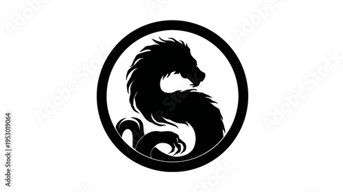 A stylized dragon silhouette within a circle. Its body is curled, and it appears fierce and ready