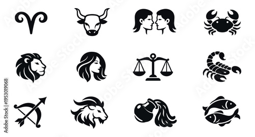 Set of 12 black minimalist zodiac sign icons including Aries, Taurus, Gemini, Cancer, Leo, Virgo, Libra, Scorpio, Sagittarius, and more.