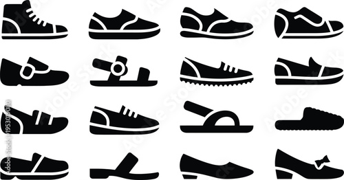 Collection of various black footwear icons showcasing different styles of shoes and sandals isolated on a white background