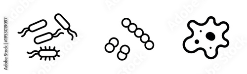 Set of minimalist black line icons representing different types of bacteria, microbes, and germs on a white background.