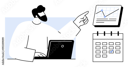 Man working on laptop, pointing at growth chart, calendar with checkmark. Ideal for planning, productivity, business strategy, time management, growth tracking data analysis teamwork. Simple flat
