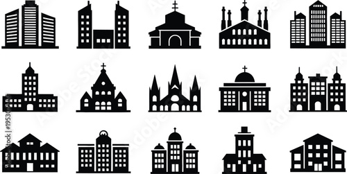 Collection of diverse building silhouette icons representing different architectural styles and urban structures on white background