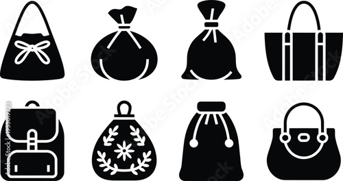 Collection of eight diverse black handbag and bag silhouettes on a white background representing various styles for graphic design purposes