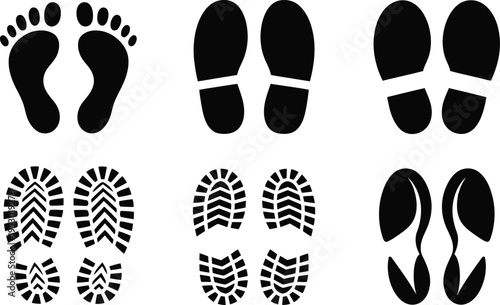 Collection of black footprints and shoe prints representing different types of footwear and steps on a white background