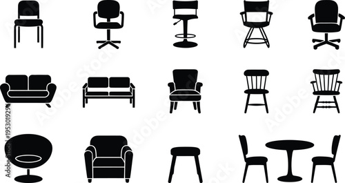 Collection of diverse black furniture icons including chairs sofas and tables isolated on a white background for design
