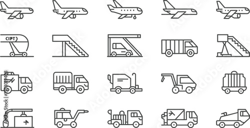 Collection of Thin Line Icons Representing Various Airport Vehicles and Equipment for Aviation Transportation and Logistics Services