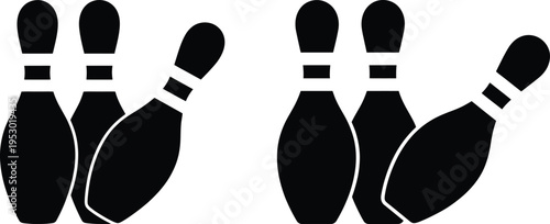 Black bowling pins in two sets of three and one pin  falling pins