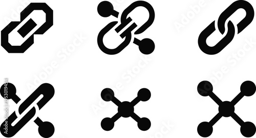 Diverse chain link and network connection icons representing online, technology, and data transfer.