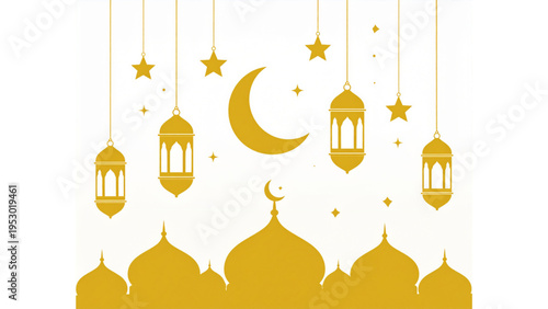 Elegant Ramadan Hanging Elements with Gold Lantern Moon Star and Mosque Lamp Vector Illustration Collection