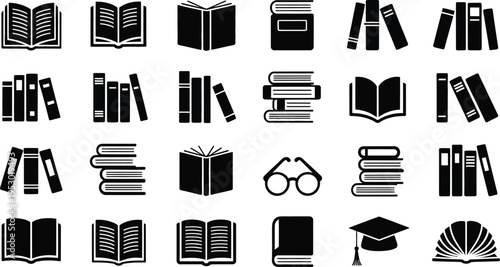 Collection of various open and closed books stacked and standing library illustrations isolated on transparent background
