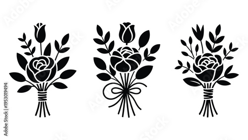 Three stylized black rose bouquets with buds and leaves isolated on a white background vector illustration