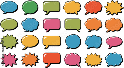 Colorful comic speech bubbles in various shapes and sizes on white background