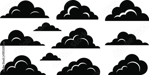 Collection of stylized black cumulus clouds with curved outlines against a white background