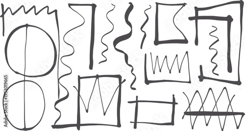 Collection of abstract hand drawn line art shapes and doodles isolated on transparent background for design elements