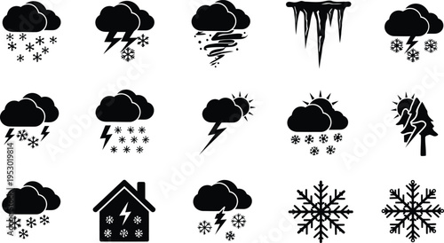 Weather icons with clouds snow lightning and sun symbols for forecast graphics