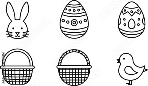 Simple line art icons for Easter celebration, featuring a bunny, decorated eggs, baskets, and a chick.