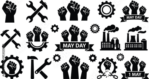 Black and white May Day labor movement symbols and tools on white background