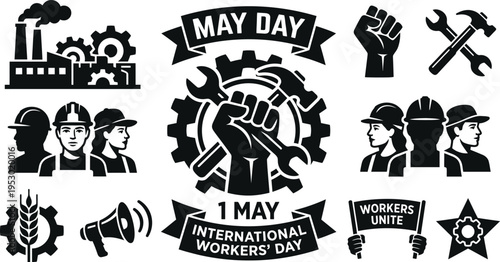Black and white icons celebrating International Workers Day on May 1st  labor union symbols