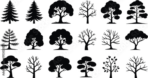 Set of black silhouettes of various trees with different shapes and sizes on white background