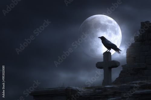 Dark Raven Silhouette on Cross with Full Moon in Foggy Night Sky