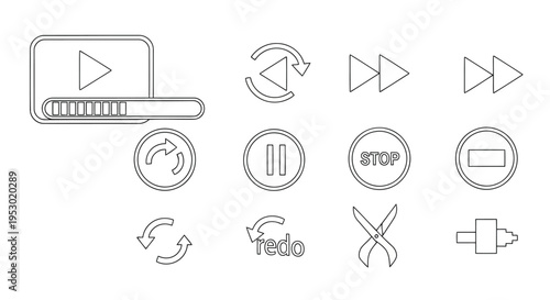 A collection of black and white outline icons representing various media player control functions