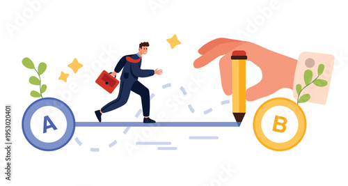 Easy shortcut to success, simplifying complex problem into easy task. Giant hand drawing straight line from A to B with pencil, tiny businessman running easier way cartoon vector illustration