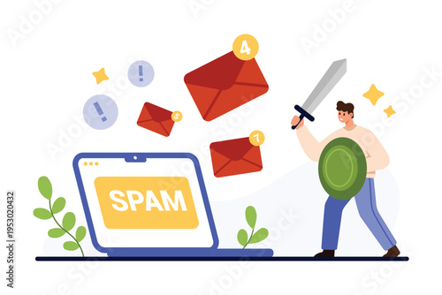 Protection against spam and malware attacks, antivirus and firewall service. Internet fight of tiny man with sword against mailbox overload with emails and spam letters cartoon vector illustration
