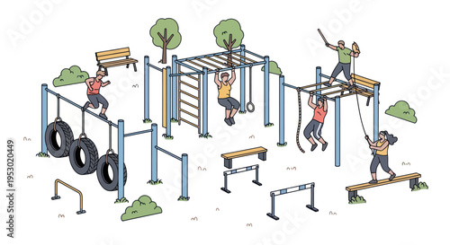 Outdoor Fitness Park with People Exercising on Obstacle Course Equipment