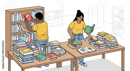 Students organizing books on shelves and tables in a library, learning and education concept