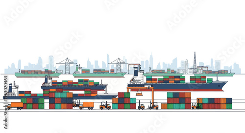 Container Ships and Cargo Port with Cranes and Trucks, Global Shipping and Logistics