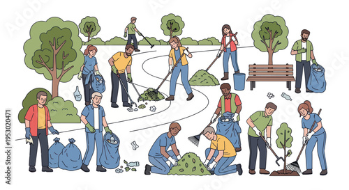 Community park cleanup: diverse volunteers tidying up nature with rakes and bags
