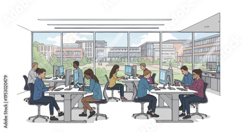 Diverse students learning with computers in modern classroom with large windows and campus view