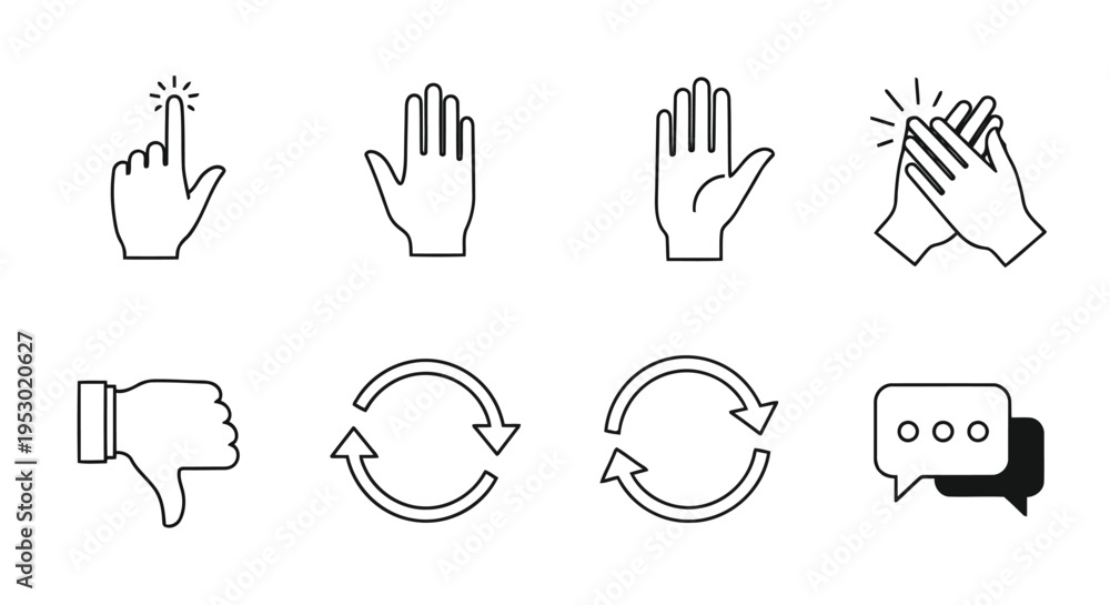 Fototapeta premium A collection of eight simple black and white line art icons representing common digital gestures