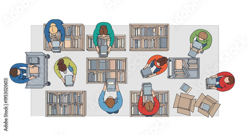 Overhead View: People Studying and Working in Library Aisles with Bookshelves and Laptops
