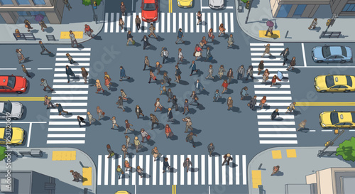 Busy City Intersection with Pedestrians and Cars Crossing Streets