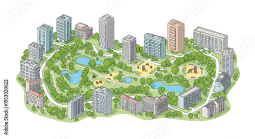 Aerial view of a modern urban park with residential buildings and playgrounds.