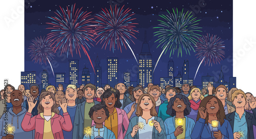 Diverse crowd watching colorful fireworks explode over city skyline at night