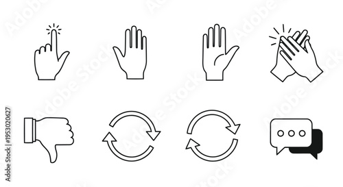 A collection of eight simple black and white line art icons representing common digital gestures