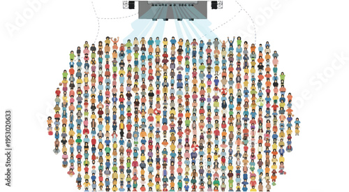 Diverse crowd watching concert stage with bright spotlights, top view illustration.